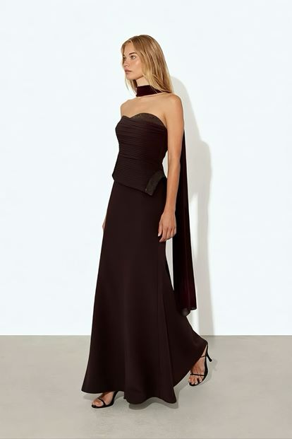 Kahverengi Işıltı Detaylı Abiye Elbise